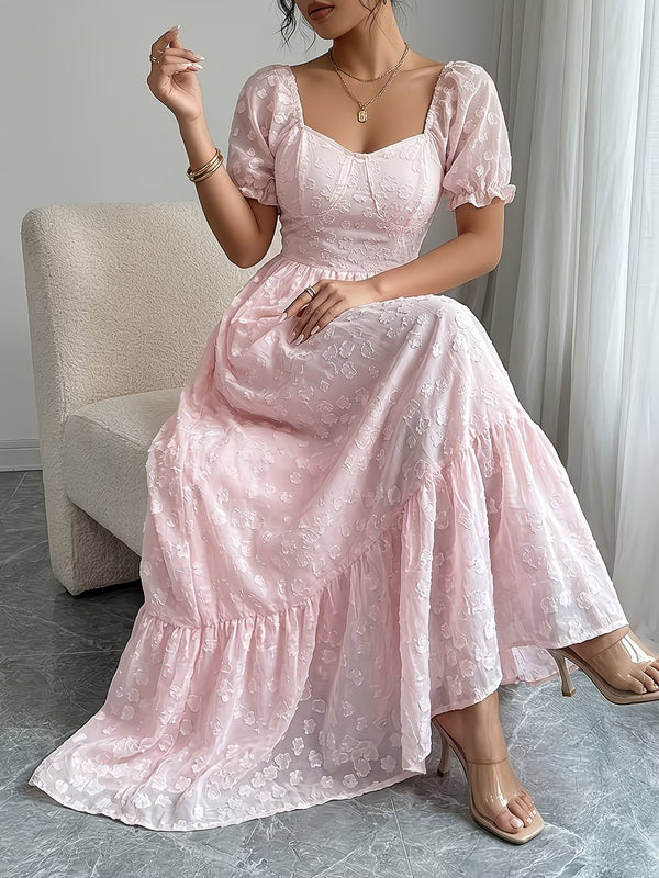 Plus Size Jacquard Puff Sleeve Dress for Formal Events