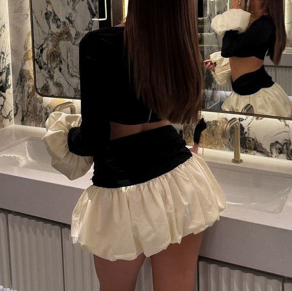 Strapless Color Block Tulip Top & Skirt Set for Winter Events