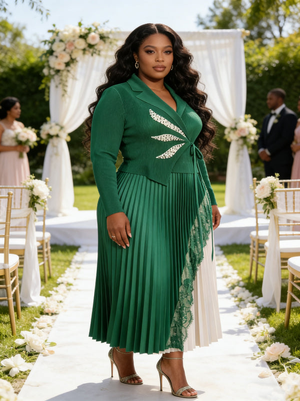 Women's Plus Size African Pleated Beaded Slim Waist Elegant Long Dress