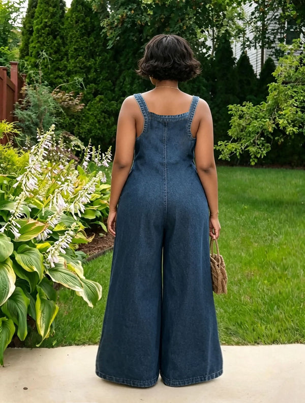 Side Pocket Pleated Wide Leg Washed Denim Overalls