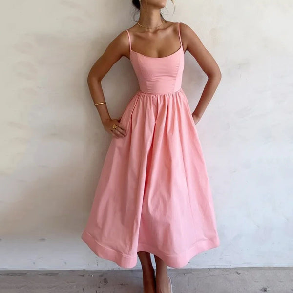 Solid Slim Waist A-Line Strap Dress for Spring Elegant Events