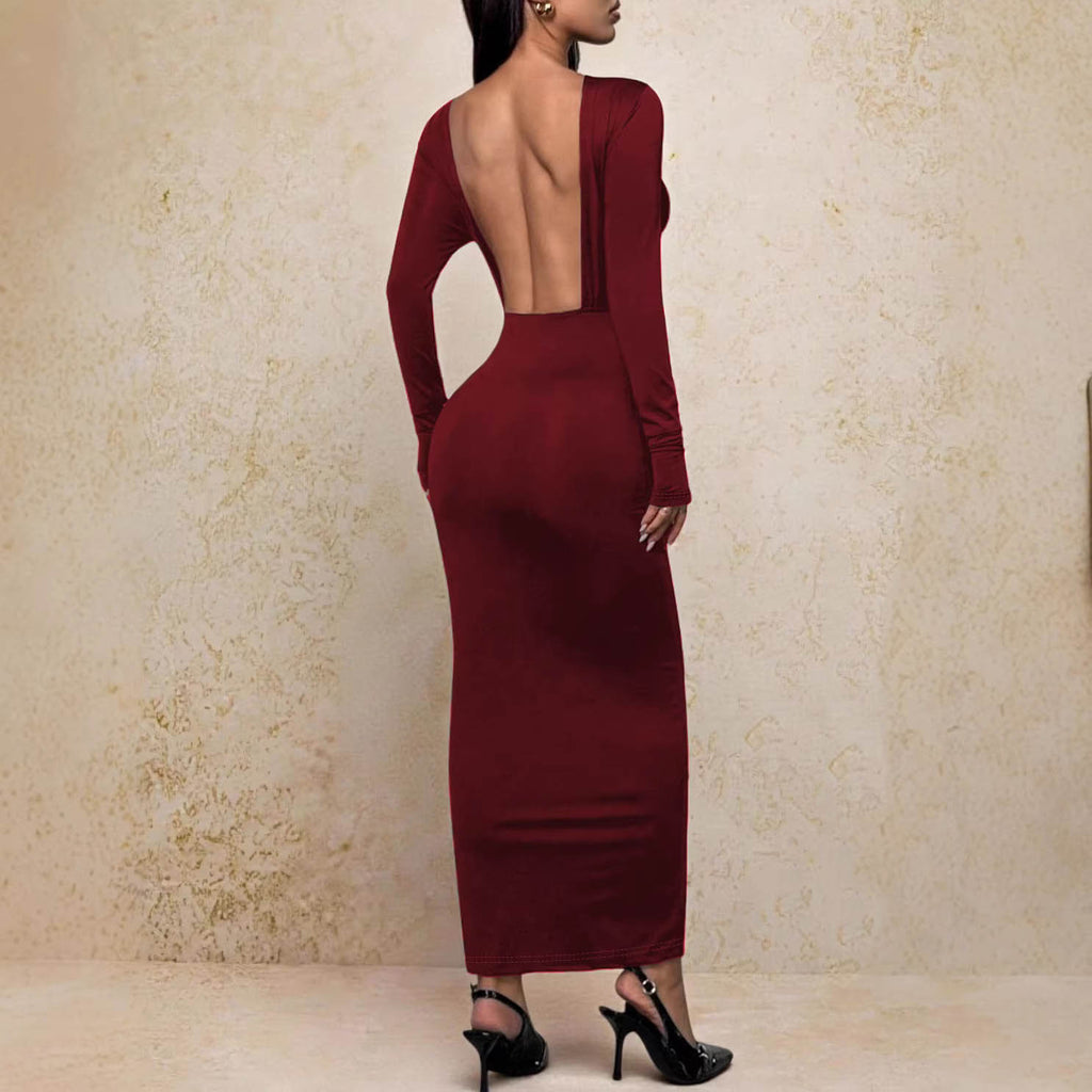 Women Elegant Solid Backless Long-Sleeve Dress