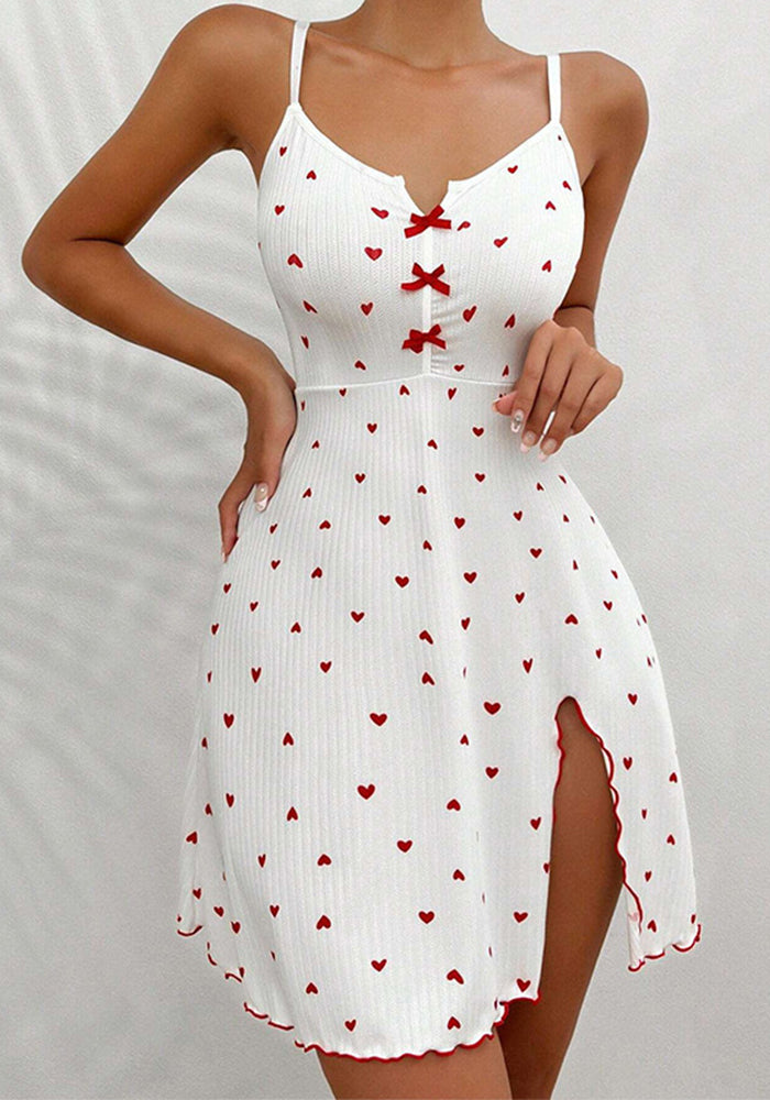 Heart-Print Slit Strap Sleepwear Nightdress for Lounging