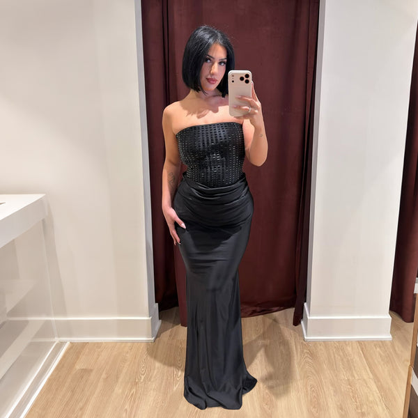 Beaded Solid Off-Shoulder Strapless Maxi Dress for Evening Parties