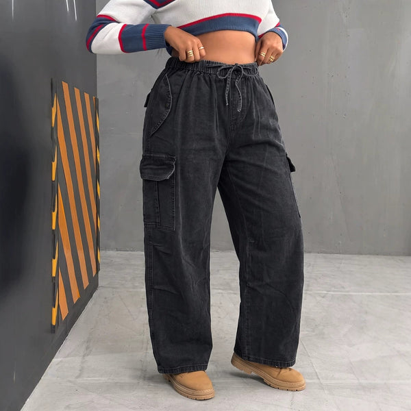 Black Multi-Pocket Drawstring Cargo Denim Wide Leg Pants for Casual Streetwear