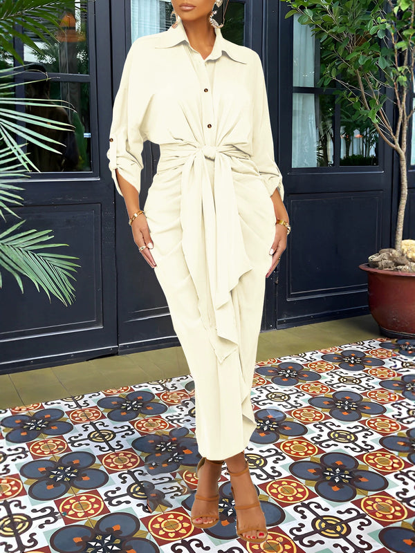 Turndown Collar Lace-Up Irregular Maxi Dress for Autumn