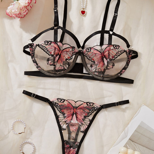 Mesh Butterfly Embroidered Hollow-Out See-Through Bra & Thong Lingerie Set