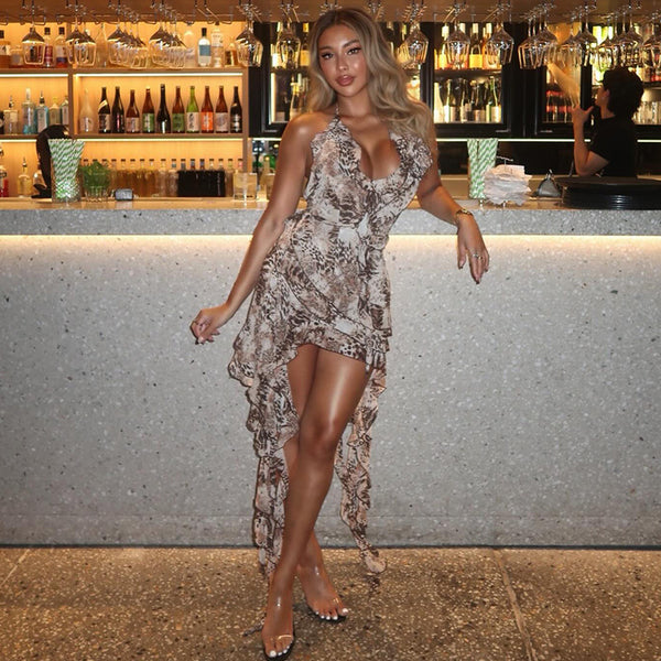 Printed Gray & White V-Neck Bodycon Dress for Casual Evenings