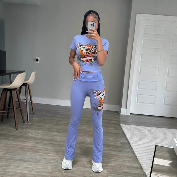 Printed Short-Sleeved Top & Pants Set for Casual Outings