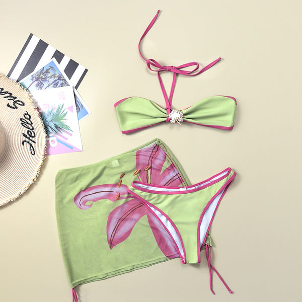 Heart Print Metallic Ring Three-Piece Bikini Set for Pool Parties