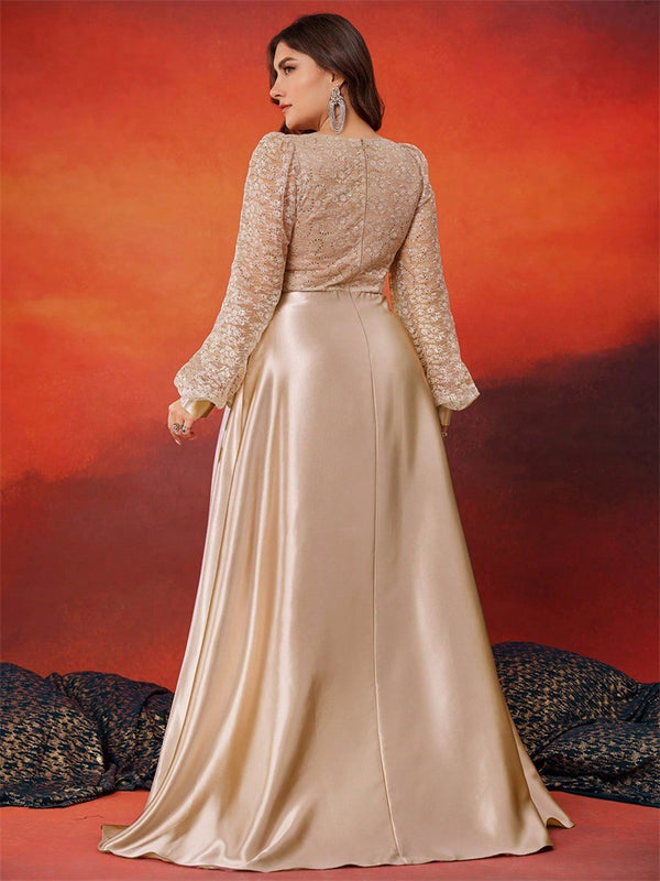 Plus Size Women Sequin Contrast Color Satin Long Sleeve V Neck Elegant Dinner Ball Evening Dress