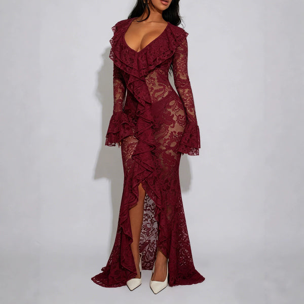 Lace V-Neck Long Sleeve Bodycon Dress for Evening Wear