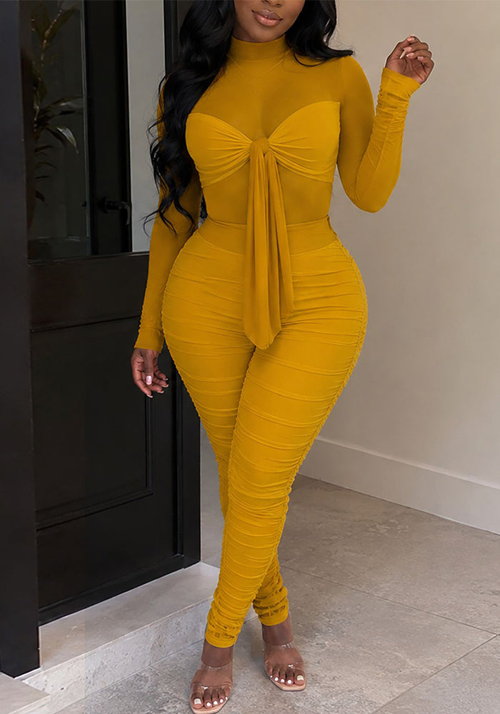 Mesh High Neck Patchwork Long-Sleeve Tie-Waist Ruffled Jumpsuit