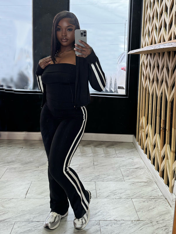 Striped Patchwork Yoga Jacket & Strapless Sports Three-Piece Set