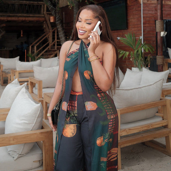 Cross Halter Neck Top & Printed Pants Two-Piece Set for Summer Holidays