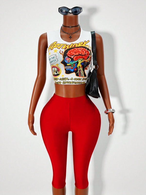 Printed Fitted Tank Top & Solid Capri Pants Set for Casual Wear