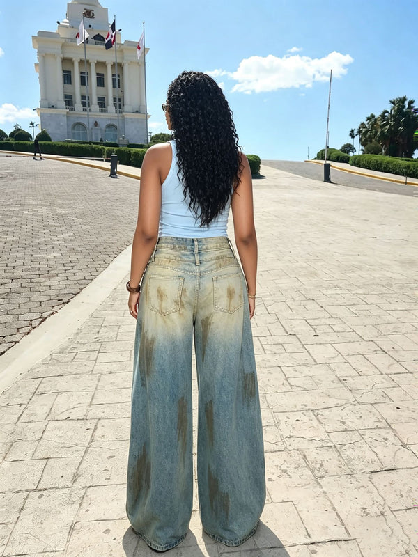 Double Waistband Washed Denim Pants for Streetwear