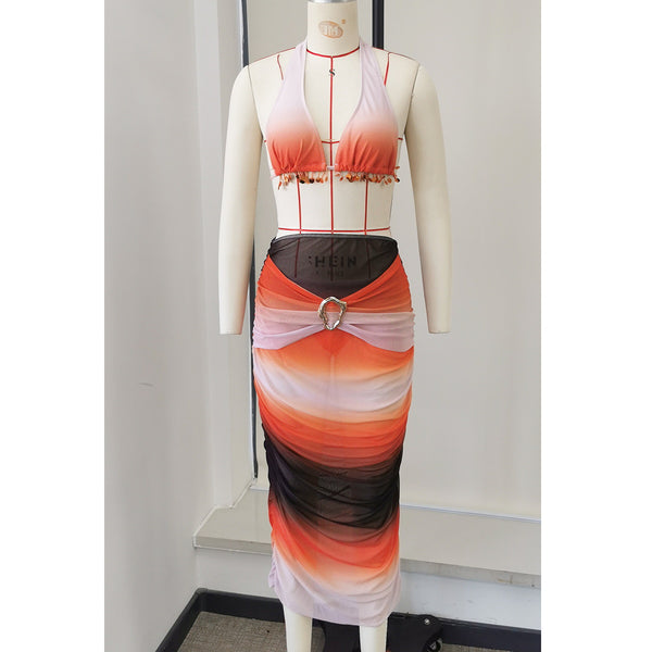 Gradient Lace-Up Low Back Bikini & Bodycon Skirt Set