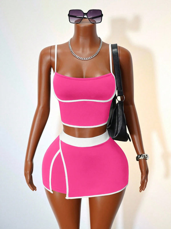 Colorblock Tank Top & Shorts Two-Piece Set for Casual Outings