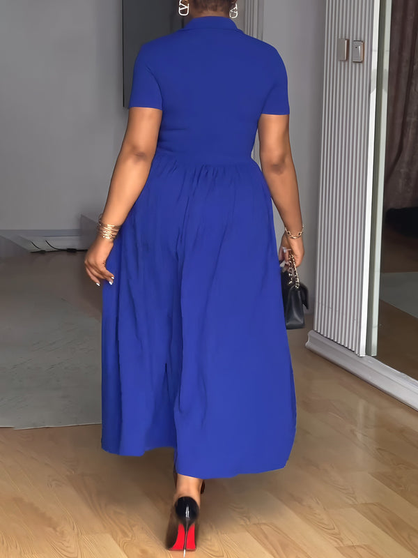 Short-Sleeve Turn-Down Collar A-Line Dress for Office Wear