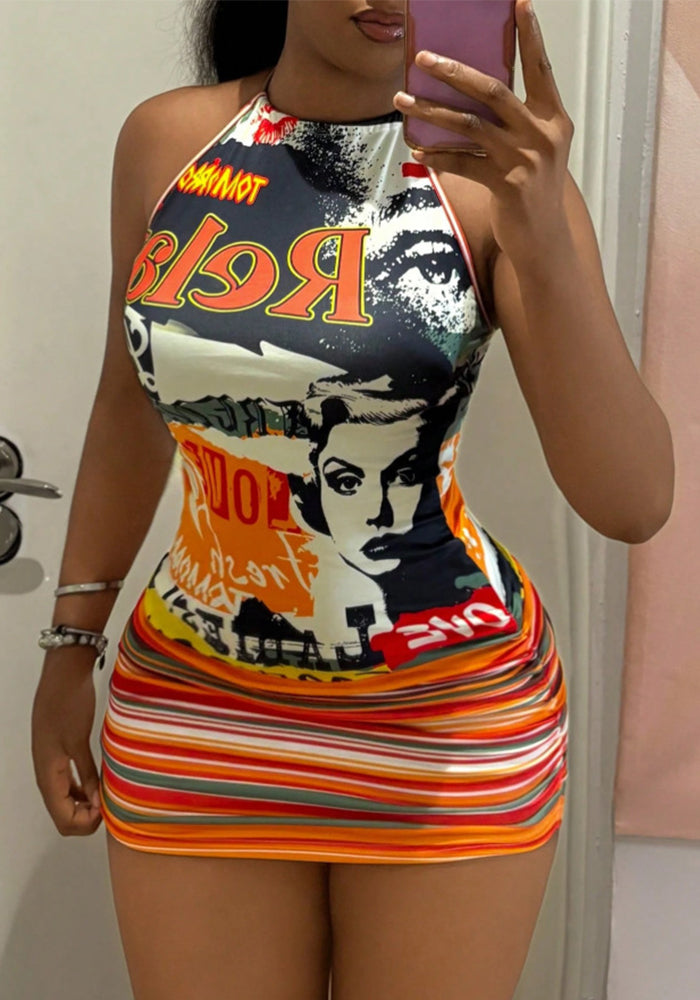 Graffiti Print Strap Mini Dress for Summer