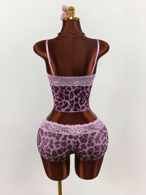 Leopard Print Lace Patchwork Camisole & Shorts Set for Sleepwear