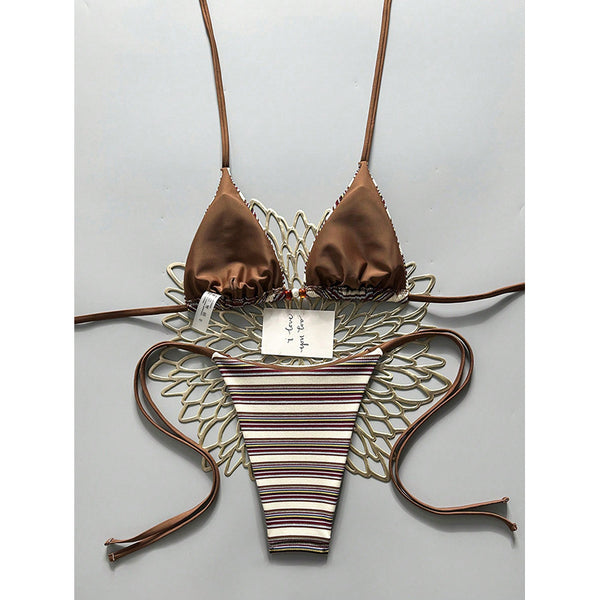 Striped Halter Neck Two-Piece Bikini Swimsuit for Beach Holidays