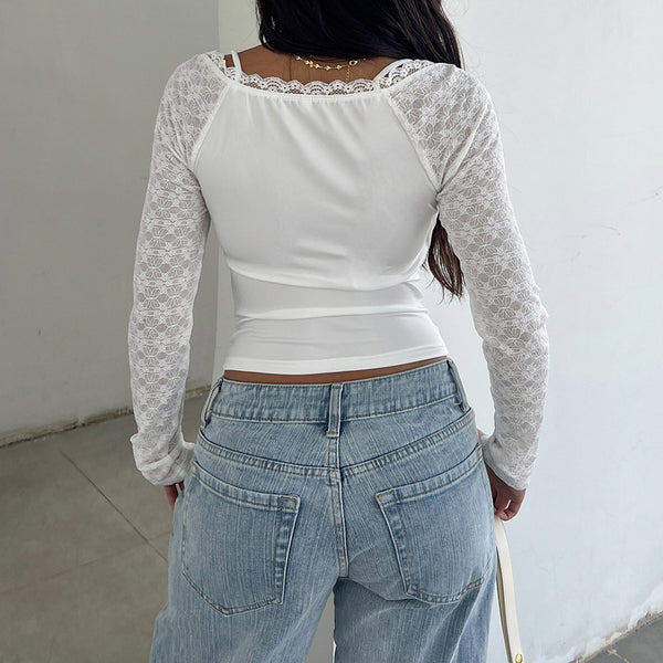 See-Through Long Sleeve Lace Patchwork Ruched Cowl Neck T-Shirt for Evening Wear