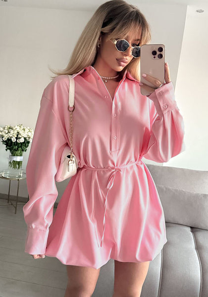 Fall/Winter Women's Fashion Turndown Collar Button Long Sleeve Tie Slim Waist Ruffle Dress