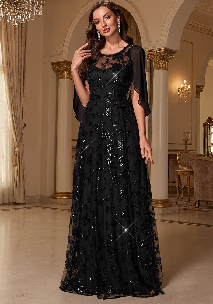 Mesh Sequin Round Neck A-Line Cape Maxi Evening Gown