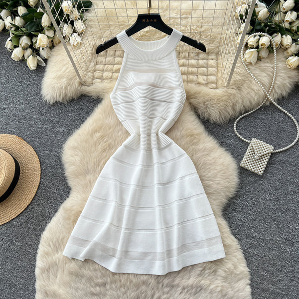 Striped Cutout Sleeveless Knitted A-Line Mini Dress for Summer Career Wear