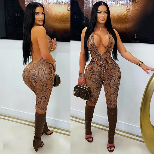 Snake Print Halter Deep V Jumpsuit for Party Wear