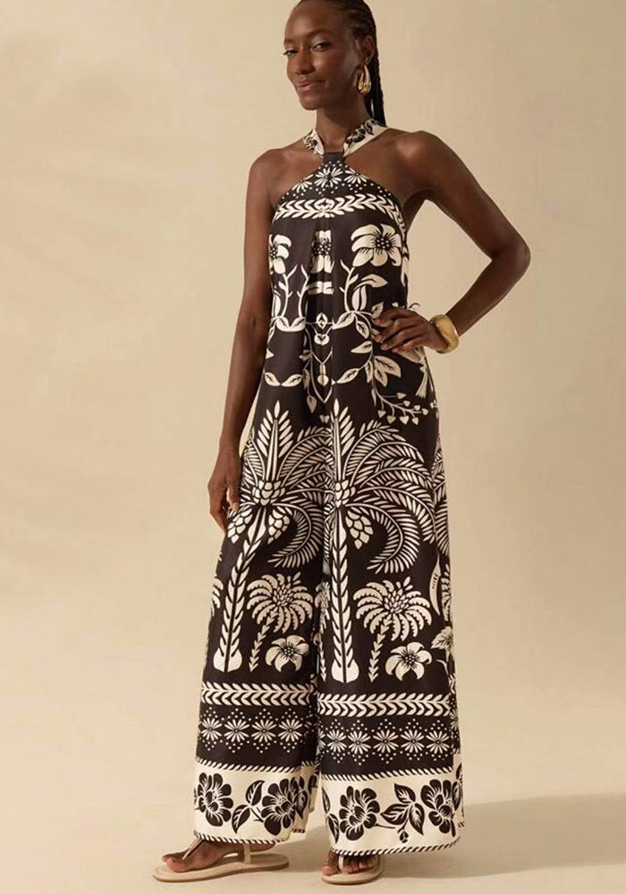 Printed Halter Neck Sleeveless Wide-Leg Jumpsuit for Summer