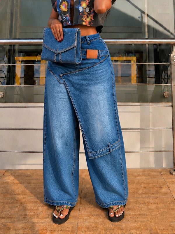 Irregular Denim Wide-Leg Cargo Pants for Streetwear
