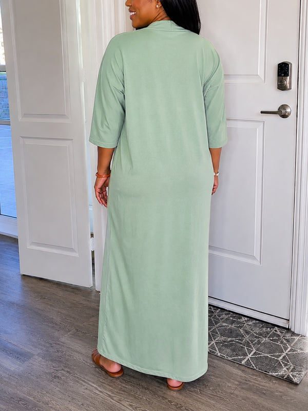 Solid V-Neck Half-Sleeve Pocket Slit Maxi Dress for Summer