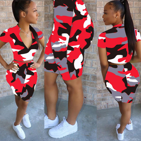 Zipper High Waist Camouflage Short Sleeve Set for Streetwear