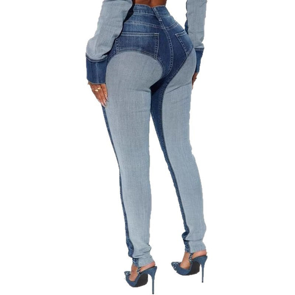 High Waist Washed Patchwork Skinny Denim Jeans for Casual Wear