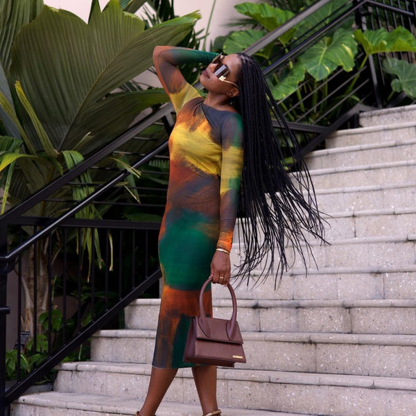 Women Autumn Off-Shoulder Long-sleeved Printed Bodycon Dress