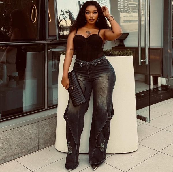 Women's Fashion Washed Distressed Straight-Leg Wide-Leg Denim Cargo Pants