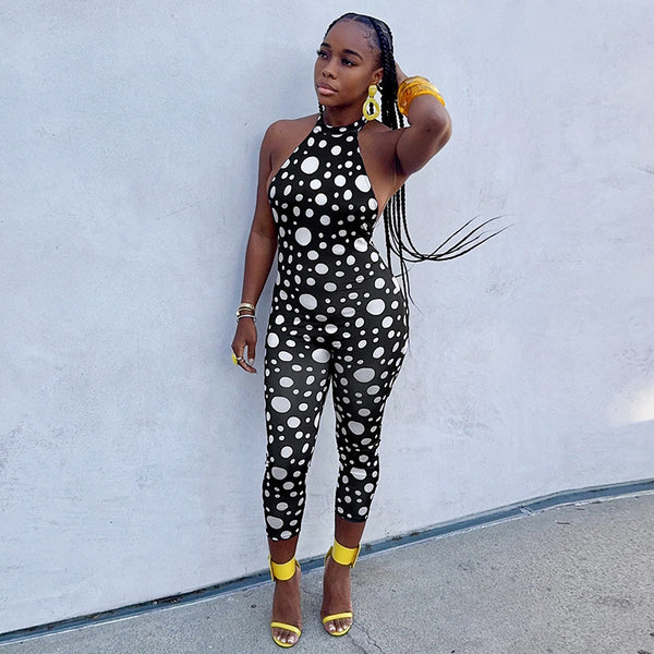 Polka Dot Halter Lace-Up Backless Jumpsuit for Spring & Summer