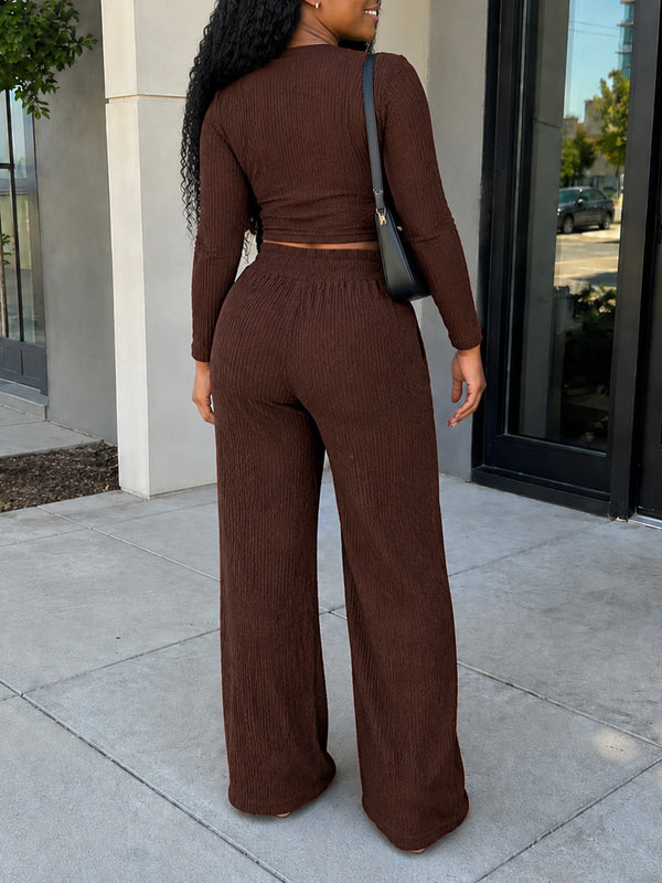 Long Sleeve Crop Top & Wide-Leg Trousers Two-Piece Set for Casual Wear