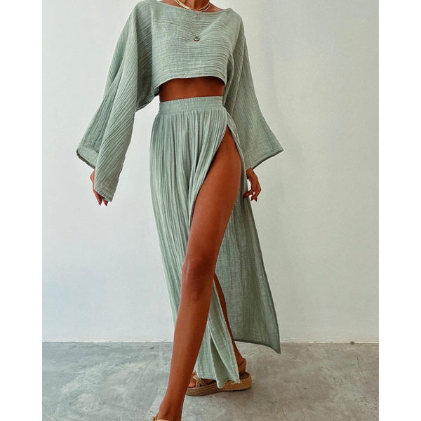 Crop Top & Slit Skirt Two-Piece Set for Holiday Vacations
