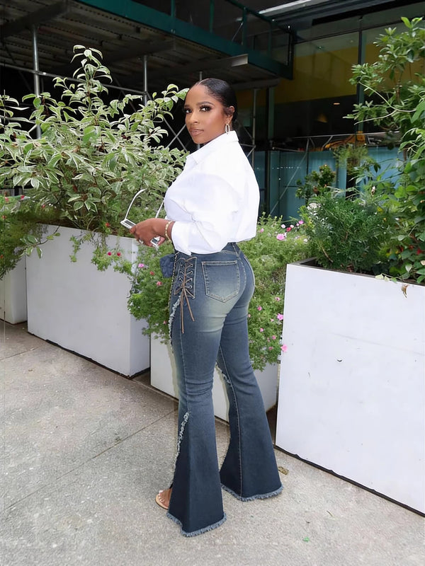 Raw Edge Lace-Up Bell Bottom Denim Jeans for Casual Wear