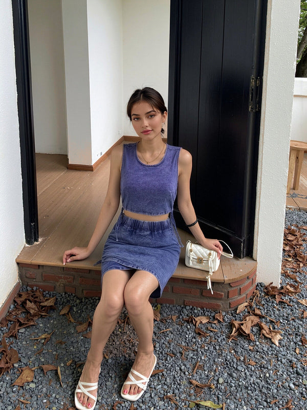 High Stretch Elastic Waist Butt Lift Denim Mini Skirt Set for Casual Wear