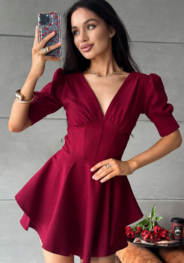 V-Neck Lantern Sleeve Dress for Summer Casual Wear