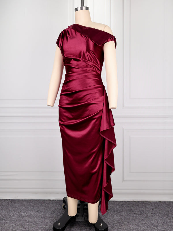 Burgundy One-Shoulder Ruffled Bodycon Dress for Formal Parties