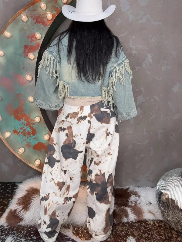 Cow Print Straight Jeans for Western Style Streetwear