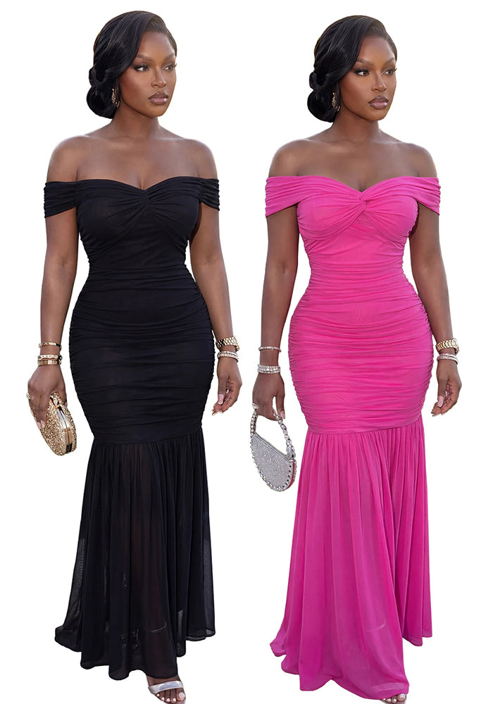 Solid Mesh Off-Shoulder Bodycon Maxi Dress for Parties