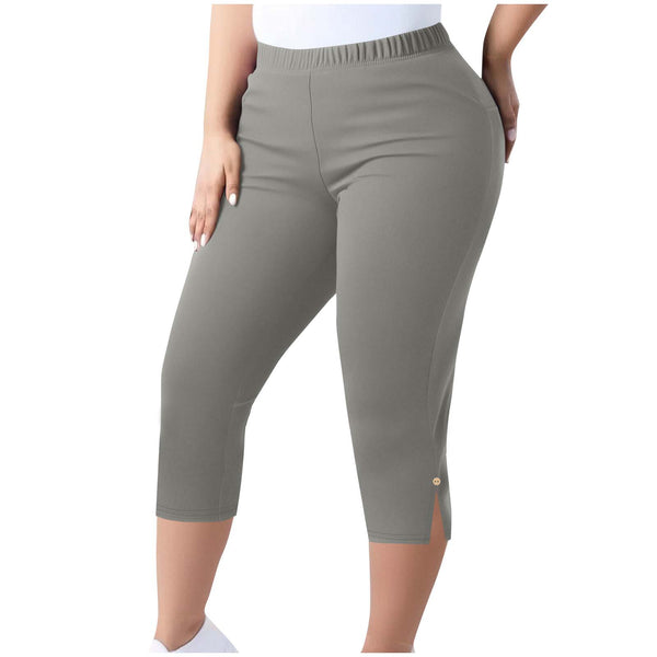 Plus Size Slit Basic Elastic Waist Tight Capri Pants for Activewear