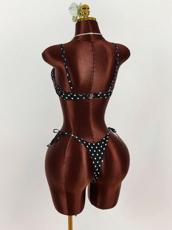 Lace-Up Floral Polka Dot Bikini Set for Beach Vacations